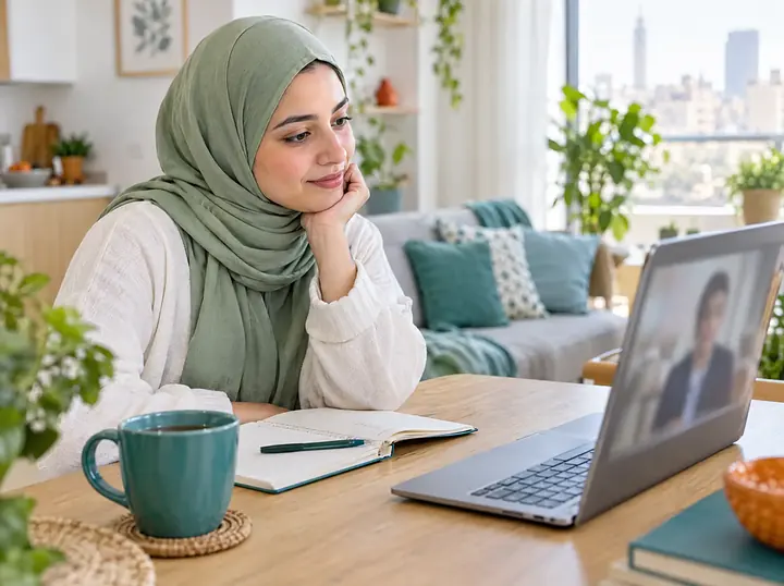 شابة محجّبة تستمع إلى مدرّس في مكالمة فيديو على اللابتوب إلى طاولة المطبخ، وبجانبها كراسة مفتوحة.