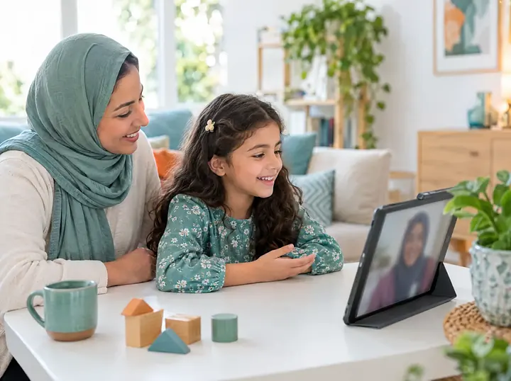 طفلة صغيرة تبتسم لمدرّستها في مكالمة فيديو على التابلت، ووالدتها بجانبها إلى طاولة في البيت.