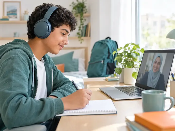 شاب مراهق يضع سماعات ويكتب في كراسته خلال حصة فيديو مع مدرّسته على اللابتوب.