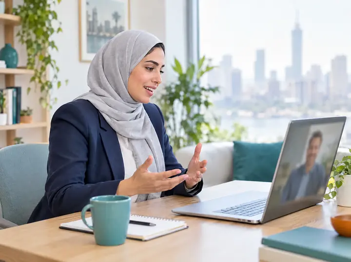 امرأة ترتدي بليزر وحجابًا تتحدث مع مدرّب في مكالمة فيديو على اللابتوب في مكتب مضيء.