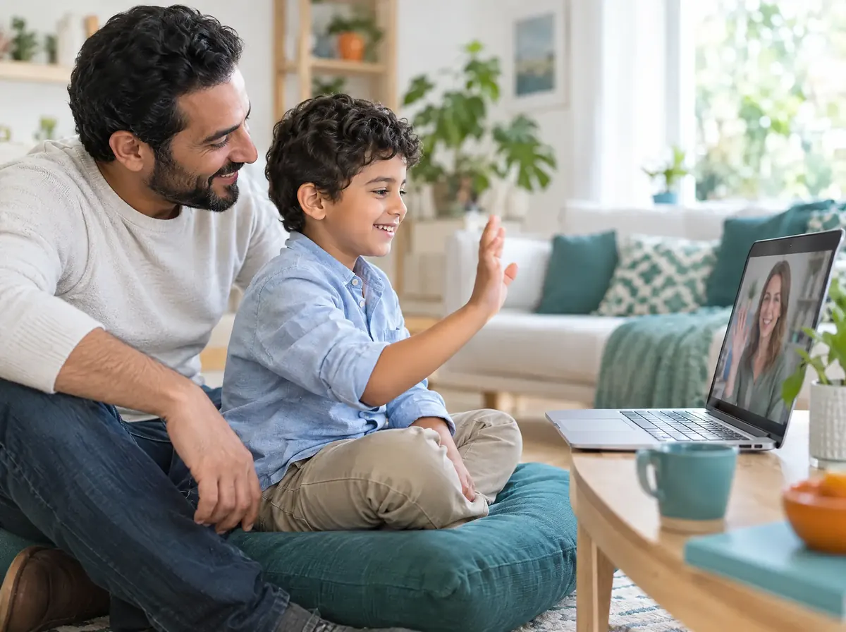 A young boy sitting with his father waves at a teacher on a laptop video call in a bright living room.