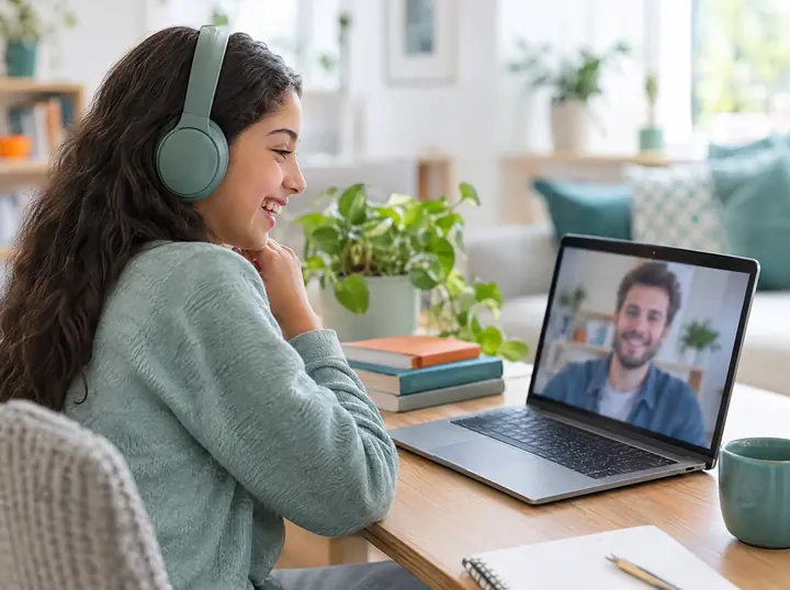 فتاة مراهقة تضع سماعات وتضحك خلال مكالمة فيديو مع مدرّسها على اللابتوب.