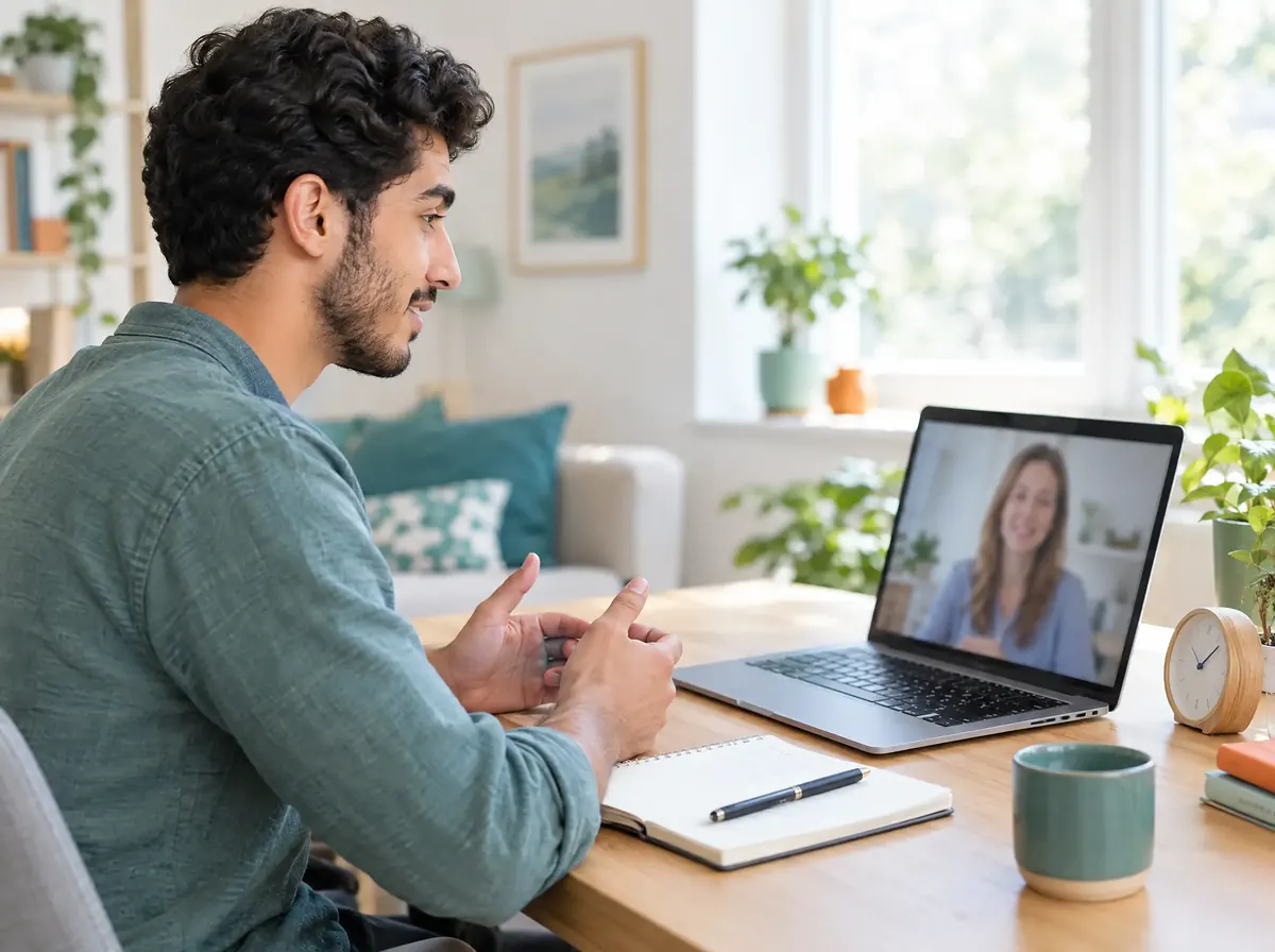 A young man practises speaking with a tutor on a laptop video call, a notebook and a desk clock beside him.