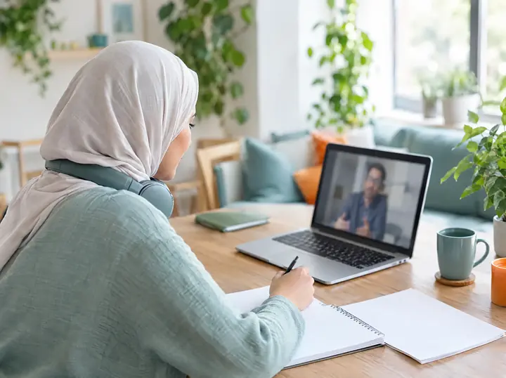 شابة محجّبة تدوّن ملاحظات بينما يتحدث مدرّس على شاشة اللابتوب.