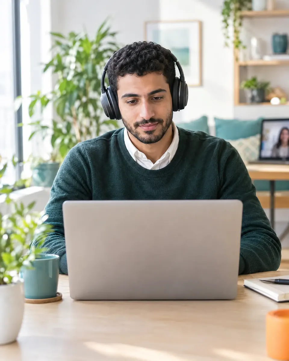 شاب يضع سماعات ويعمل على اللابتوب إلى مكتب في مكان عمل مضيء.