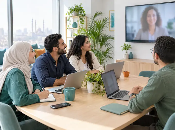 Colleagues around an office table follow a trainer on a large wall screen.