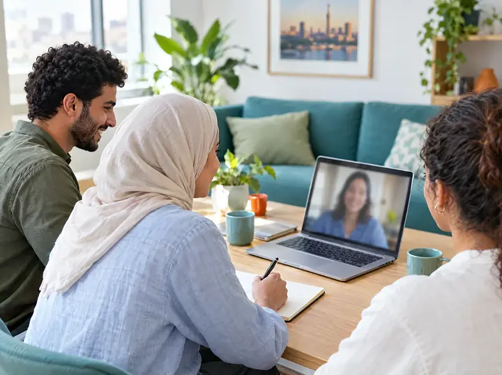 Three colleagues follow a live English class on a laptop, one of them taking notes.