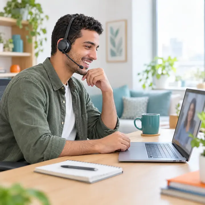 A support specialist in a headset smiles as he talks with someone on his laptop.