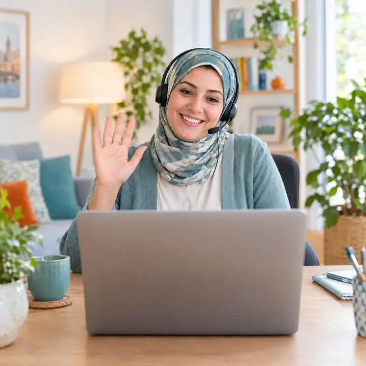 مدرّسة تضع سماعة رأس وتلوّح بالتحية أمام اللابتوب على مكتبها في البيت.